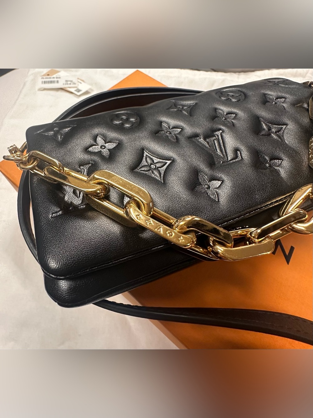 Louis Vuitton Black Monogram Pouisson Shoulder Bag with embossed Gold Chain